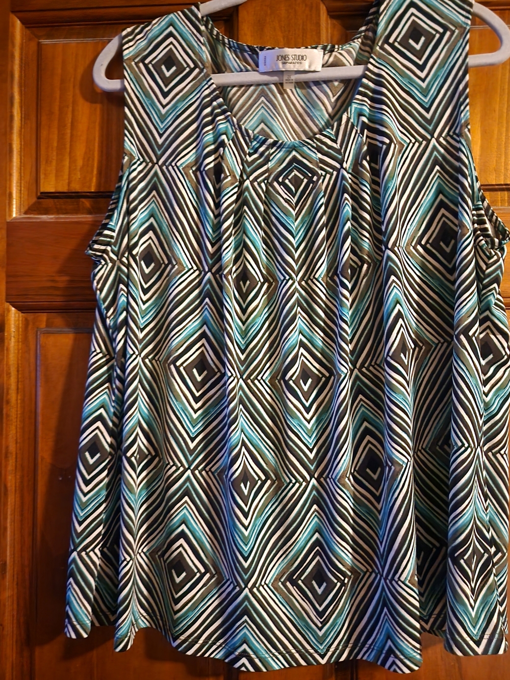 Jones Studio Teal, Olive Green, Black, and White Geometric Sleeveless Tank 2X